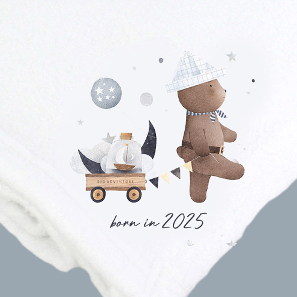 Born In 2025 Cute Bear White Cotton Baby Pram Blanket