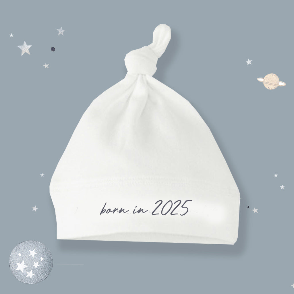 'Born In 2025' White Knotted Hat 0-6 months