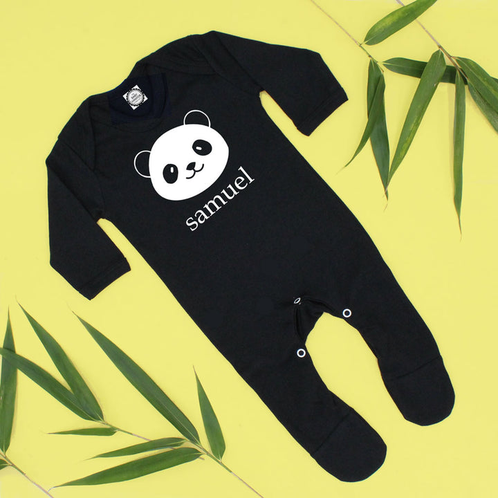 Personalise Panda Black Baby Sleepsuit, 0-3 Months