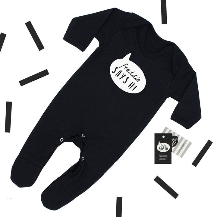 'Baby Says Hi' Slogan Black Sleepsuit, 0-3 months