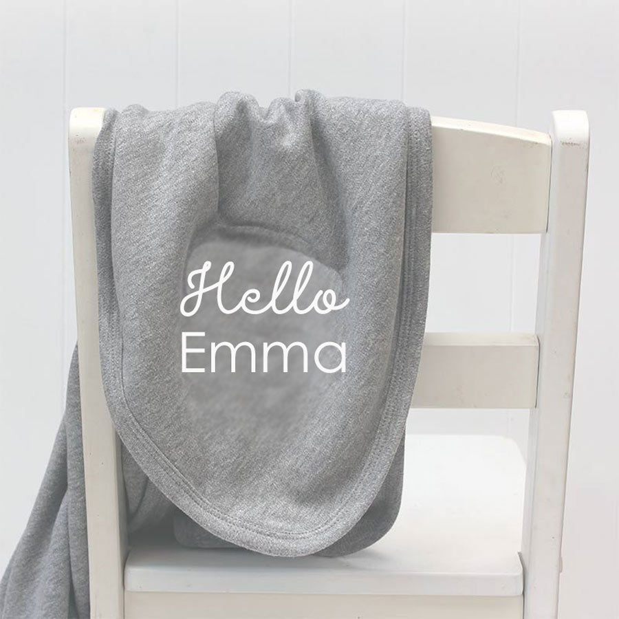 'Hello Baby' Grey Pram Blanket- Personalise