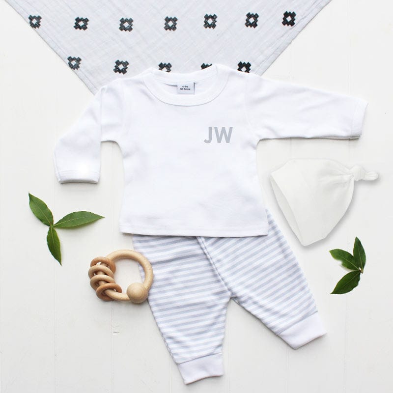 Monogram Baby's Initials Grey Stripe Outfit & Hat