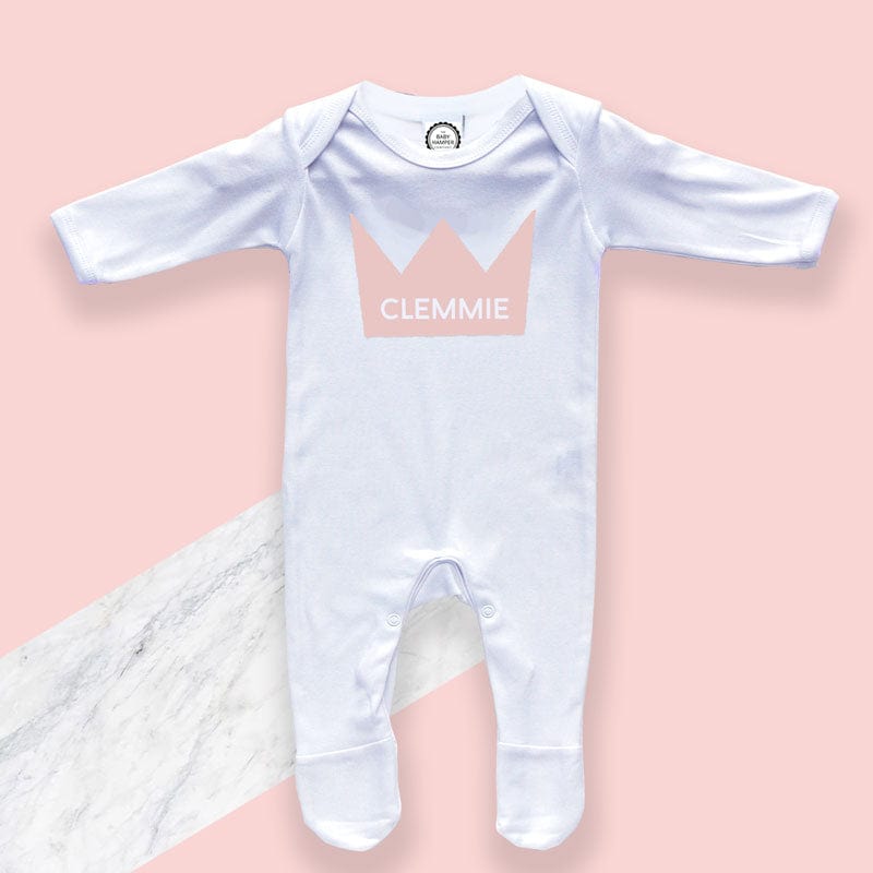 Pink Crown Baby Sleepsuit, 0-3 months - Personalise